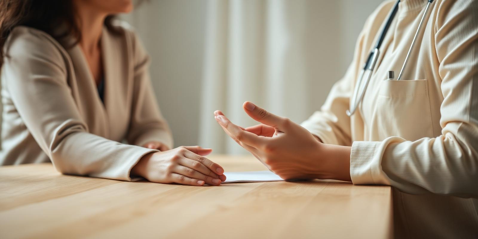 A clinician in a white coat with a stethoscope talking with a seated patient across a wooden table during a weight loss consultation